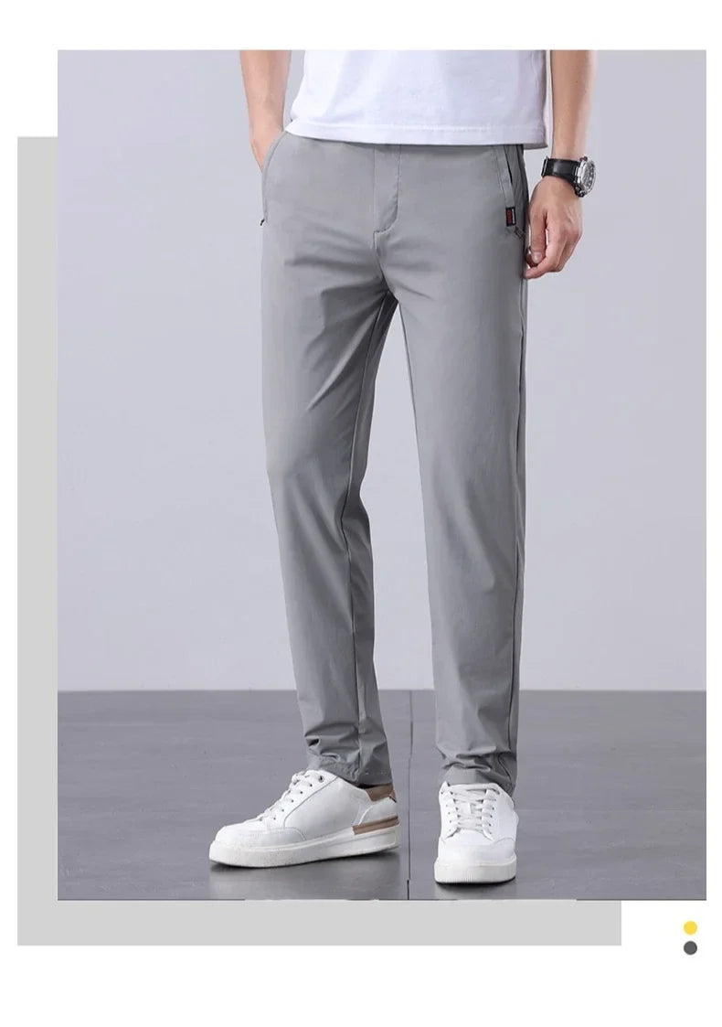 Korean Y2K Summer New Men's Ice Silk Pants All Match Elastic Sweatpants Office Business Casual Fashion Straight Suit Trousers