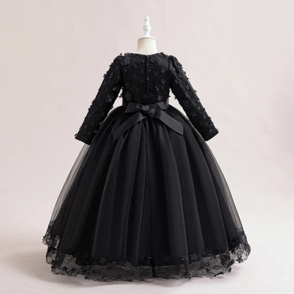 Long Sleeve Flower Bridesmaid Girls Dress Children Christmas Costume Lace Bow Princess Kids Dressees For Girl Party Wedding Gown