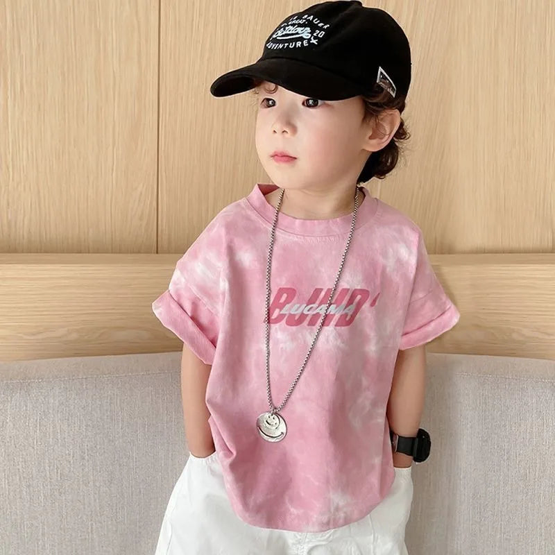 2025 New 100% Cotton Kids Tie Dye Short Sleeve T-Shirt Summer Boys Girls Clothing