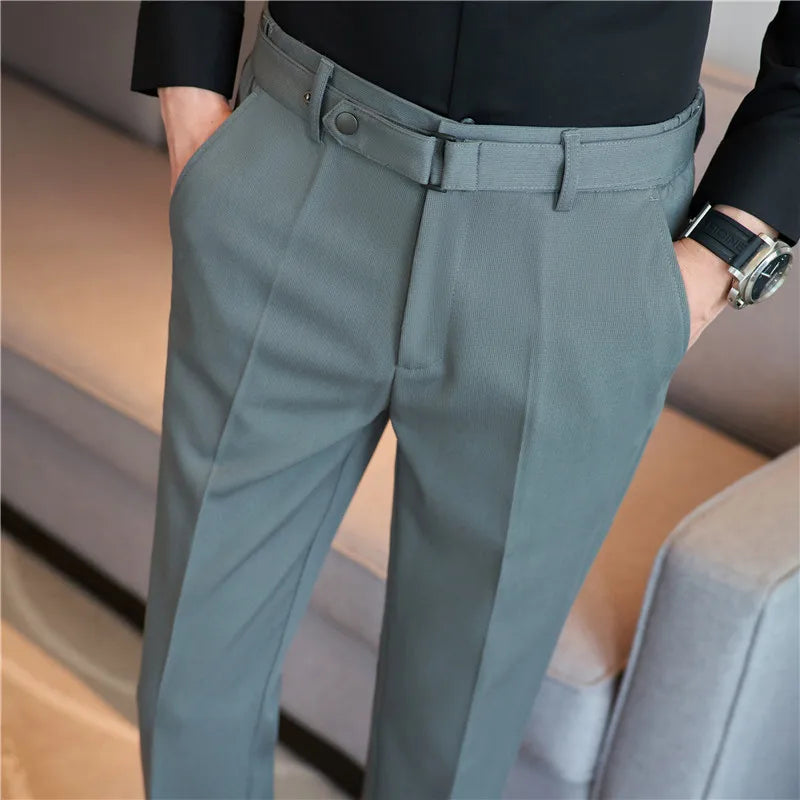 Fashion Belt Decoration Design Men's Suit Pants High Quality Business Slim Fit Casual Straight Formal Wedding Party Trousers