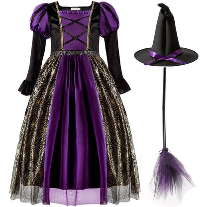 2025 Halloween Easter Festive Party Girl Cosplay Classic Witch Purple Print Long Sleeve Dress Evil Horror Set Baby Birthday Gift