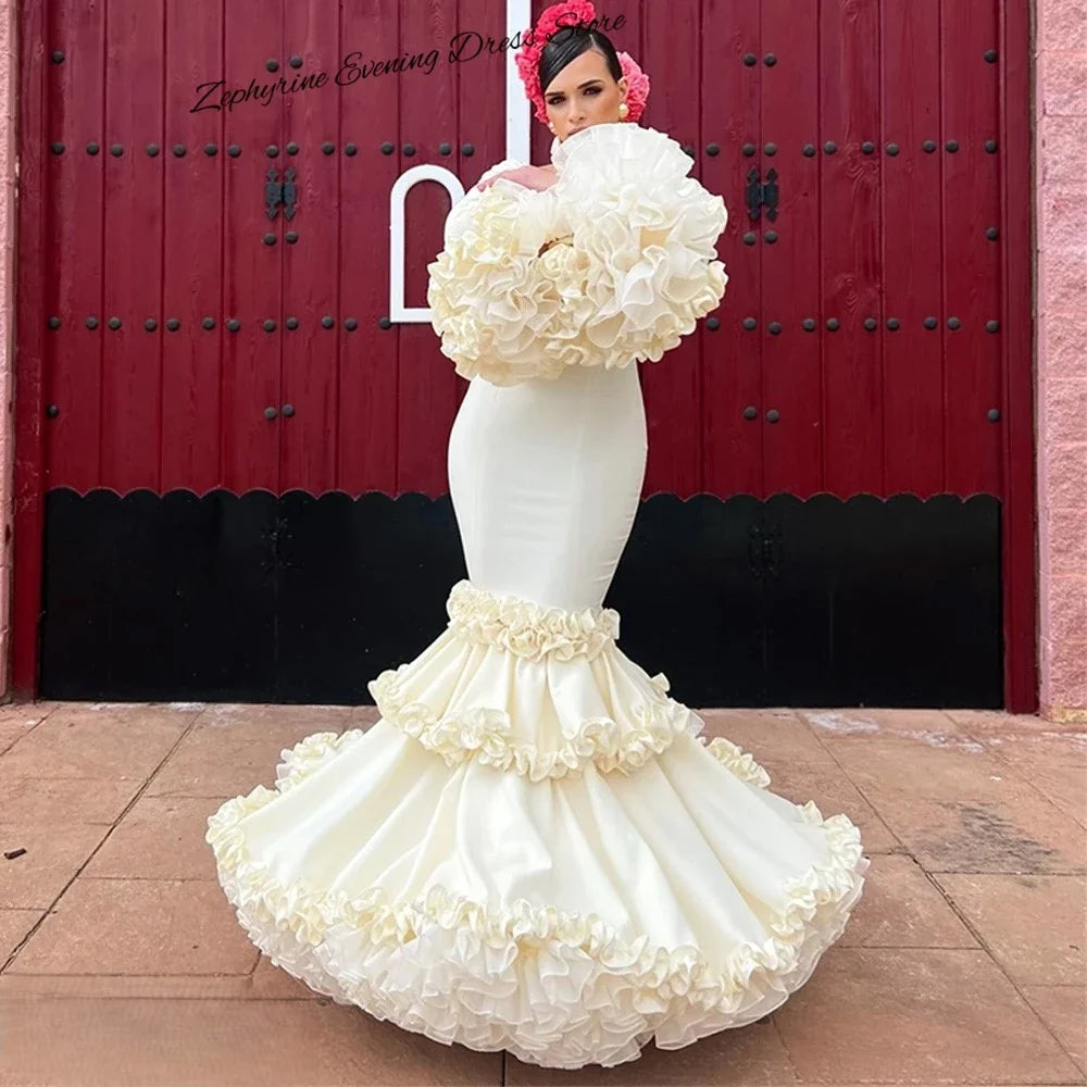 Customized Mermaid Jersey Backless Evening Dress Exquisite V-Neck Long Sleeves Prom Dresses Elegant Tiered Organza Party Gowns