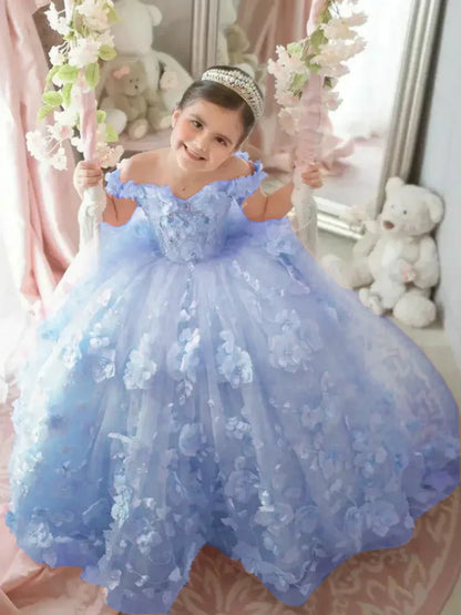Pink 3d Applique Flower Girl Dress For Wedding Off Shoulder Luxurious Pearls Tulle Child First Eucharistic Birthday Party Dress