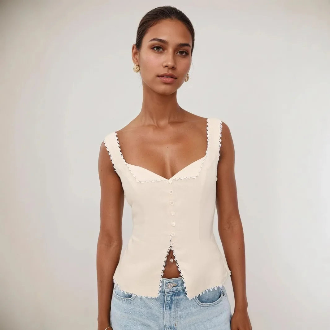 High Quality Hot Sale Wholesale Women's French Cotton Linen Lace Splicing Fashionable Buckle Suspender Solid Sleeveless Vest Top