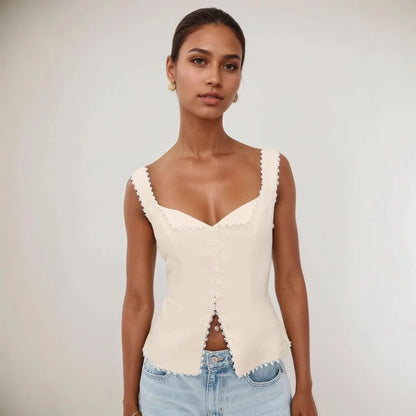 High Quality Hot Sale Wholesale Women's French Cotton Linen Lace Splicing Fashionable Buckle Suspender Solid Sleeveless Vest Top