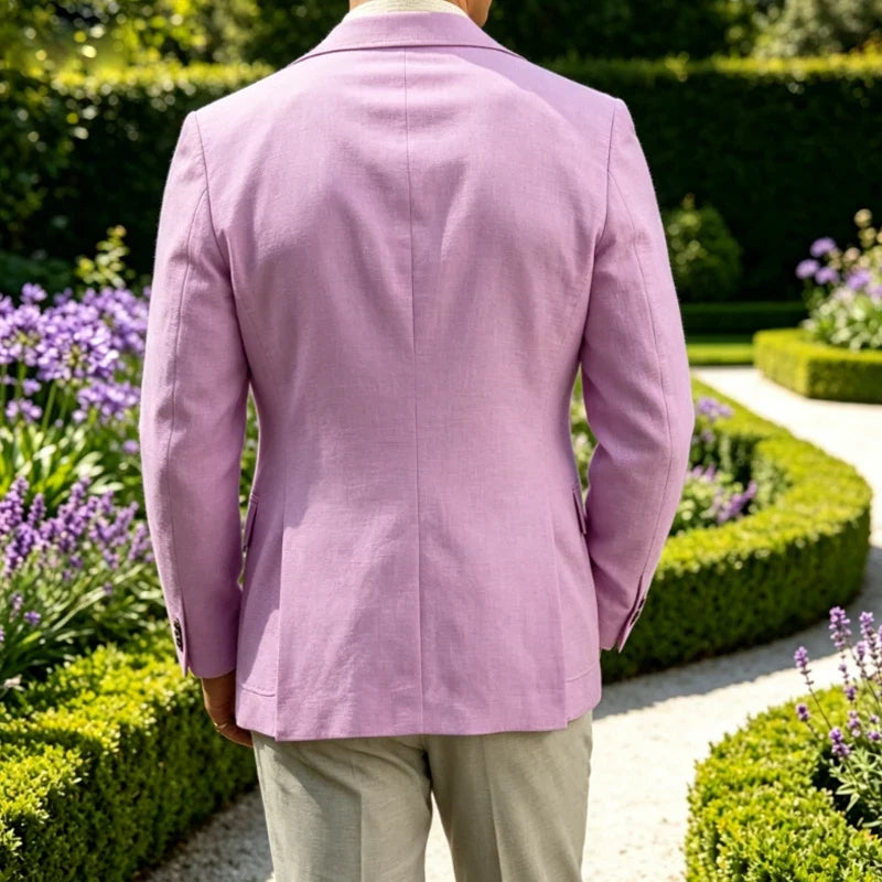 Classic Men's Linen Blazer Notched Lapel Slim Fit Breathable Elastic Suit Jacket with Flap Pockets for Wedding Prom Daily Wear