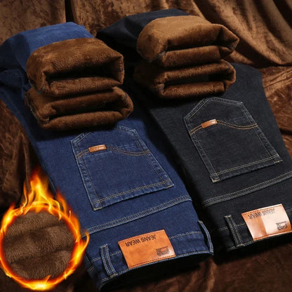 2025 New Business Casual Trousers Grey Fleece Men Clothes Black Blue Elasticity Warm Winter Jeans Velvet Jeans 28-40