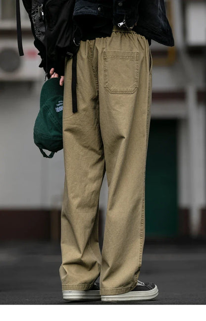 Spring Summer Cargo Pants Men Cotton Enzyme Wash Distressed Loose Fit Straight Leg Khaki Drawstring Elastic Waist Casual Pants