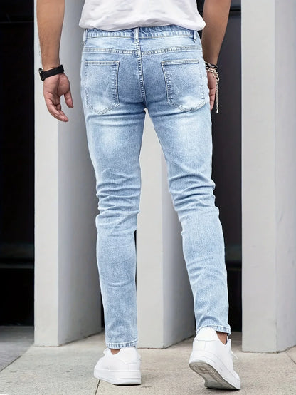 Autumn New Men's Stretch Jeans European American Fashion Casual Vintage Washing Feet Elasticity Denim Trousers Male