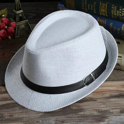Fashion Men Straw Hat for Women Summer Trendy Beach Sun Hats Solid Color Fedoras Ribbon Casual Cowboy Jazz Cap Gangster Cap Male