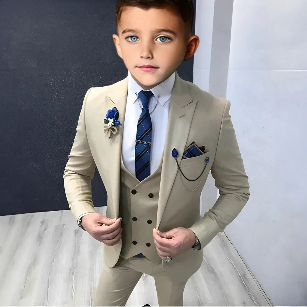 Formal Peak Lapel Suit Set 3 Pieces For Kids Perfirmance Outfit Host Costumes,Handsome Elegant Boys Slim Fit Suits Party Tuxedo