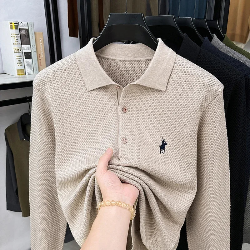 High-end Quality Men's Casual Outdoor Pineapple Pattern Knitted Long-sleeve Polo Shirt (eco-cotton, No Shrinkage No Deformation)