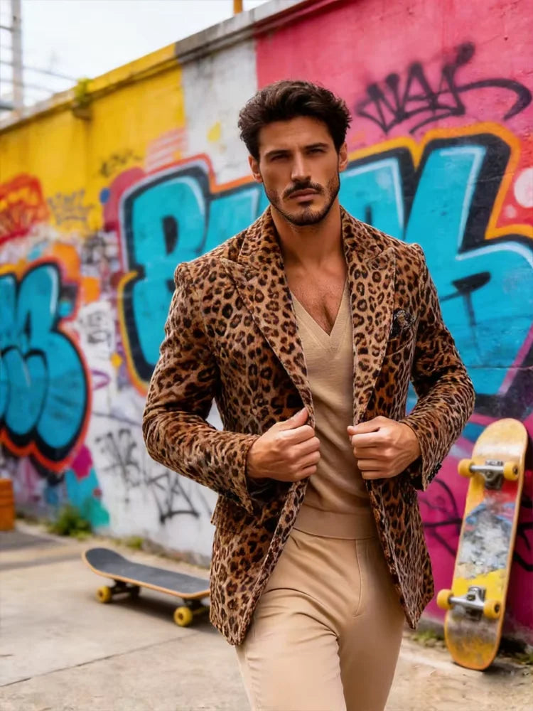 Men's Suits Leopard Blazer Luxury Casual Peak Lapel Single Breasted Slim Fit 1 Piece Jacket Party Handsome Customized Sport Coat