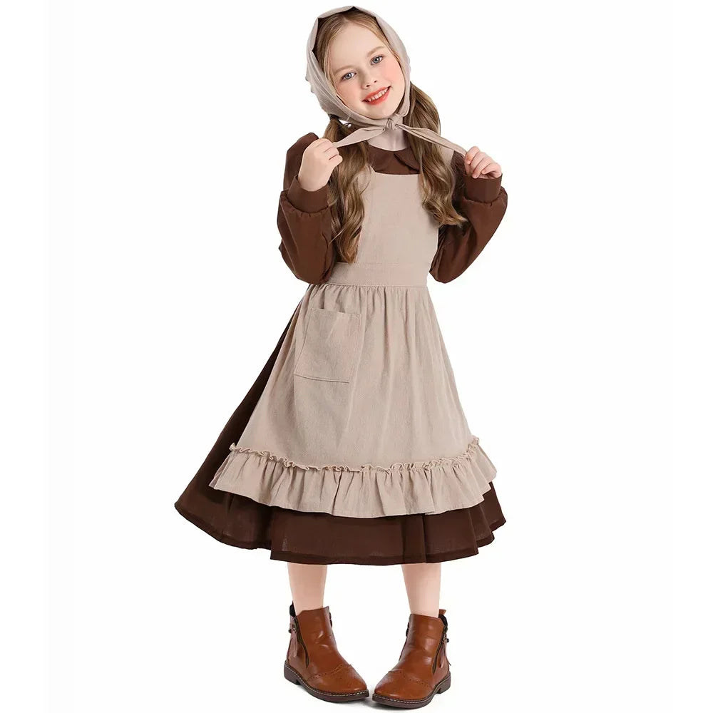 Girl Costume Colonial Farm Village Girl Costumes Prairie Dress Child Kids 2-4Y 4-10Y 10-16Y Tween Teens