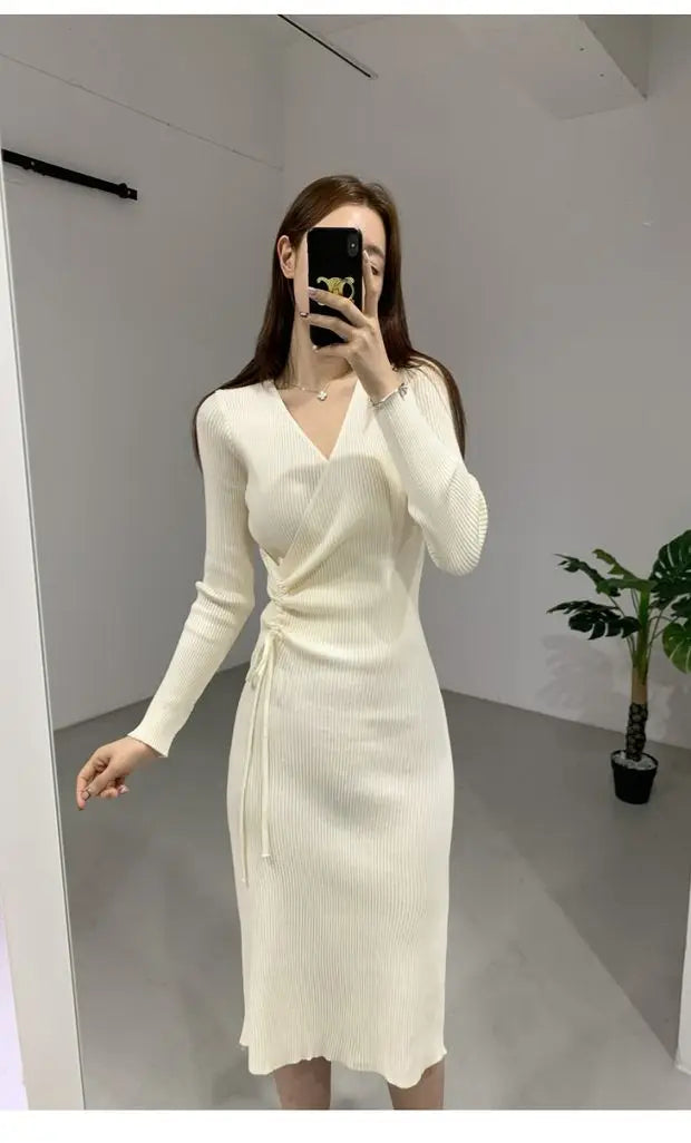 Chic V-ne Knitted Wrap Waist Slimming Mid-length A-line Dr Women's Sweater Dr Korean Sle High Waist Long Sve