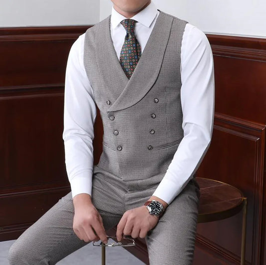 Suits Vest For Men Gray Houndstooth With Lapel Collar Double Breasted Retro Steampunk Business Vest
