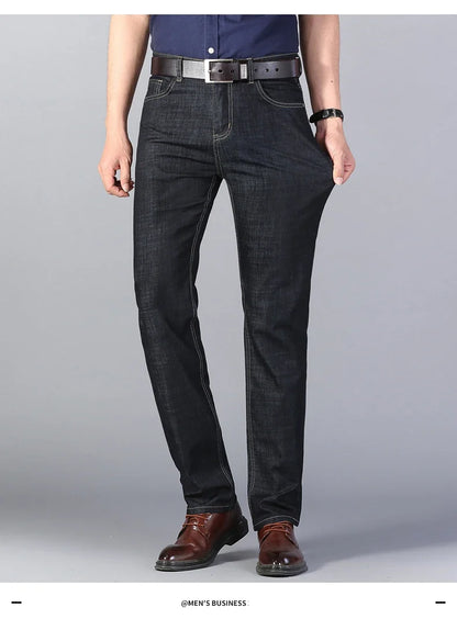 Summer New Elastic Men's Jeans Fashion Comfortable Business Straight Stretch Cotton Casual Denim Pants Brand Male Thin Trousers