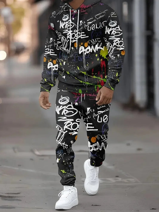 The new men's hoodie set for Spring and Autumn 2025 features a casual fashionable and comfortable 3D graffiti pattern print