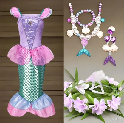 2025 Girls Mermaid Dress Princess Cosplay Party Costumes Summer Purple Elegant Flying Sleeve Fancy Dresses For 2-10Y Kids