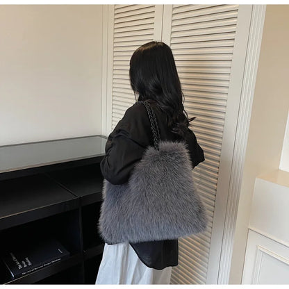 Fashion Women Furry Shoulder Bag Large Capacity Tote Handle Bag for Autumn Winter Outing Commuter Texture Versatile Storage Bags