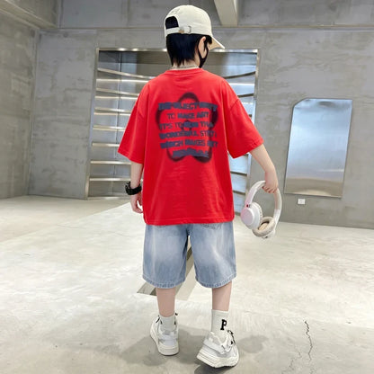 6-16 Year Children Short Sleeve Top And Bottom Clothing Set for Tween Boys Casual Streetwear Outfit Kids New Summer Clothes Suit