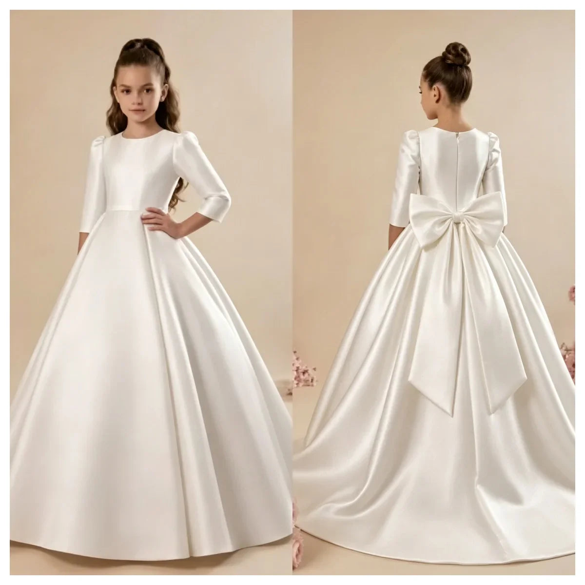 Custom Girls First Communion Dress 2025 New Long Sleeve Matte Satin A-Line Tail Evening Gown Girls Wedding Party Princess Dress