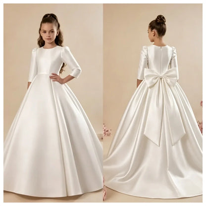 Custom Girls First Communion Dress 2025 New Long Sleeve Matte Satin A-Line Tail Evening Gown Girls Wedding Party Princess Dress