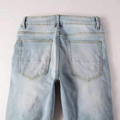 High Street Jeans Patch Hand-worn Holes Slim Skinny Jeans for Men