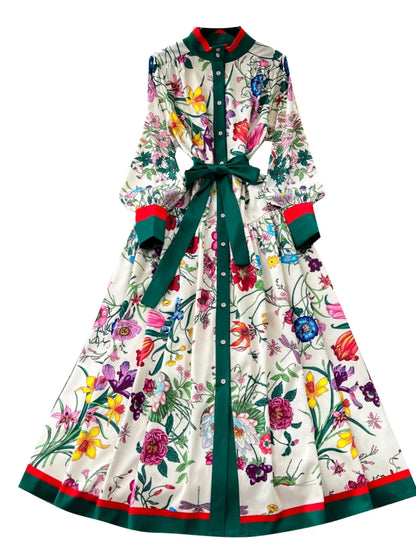 Retro Faion Print Stand Collar Single Button Women's Dr Waist Cinched Floor Length Skirt Korean Sle High Waist Long Sl...