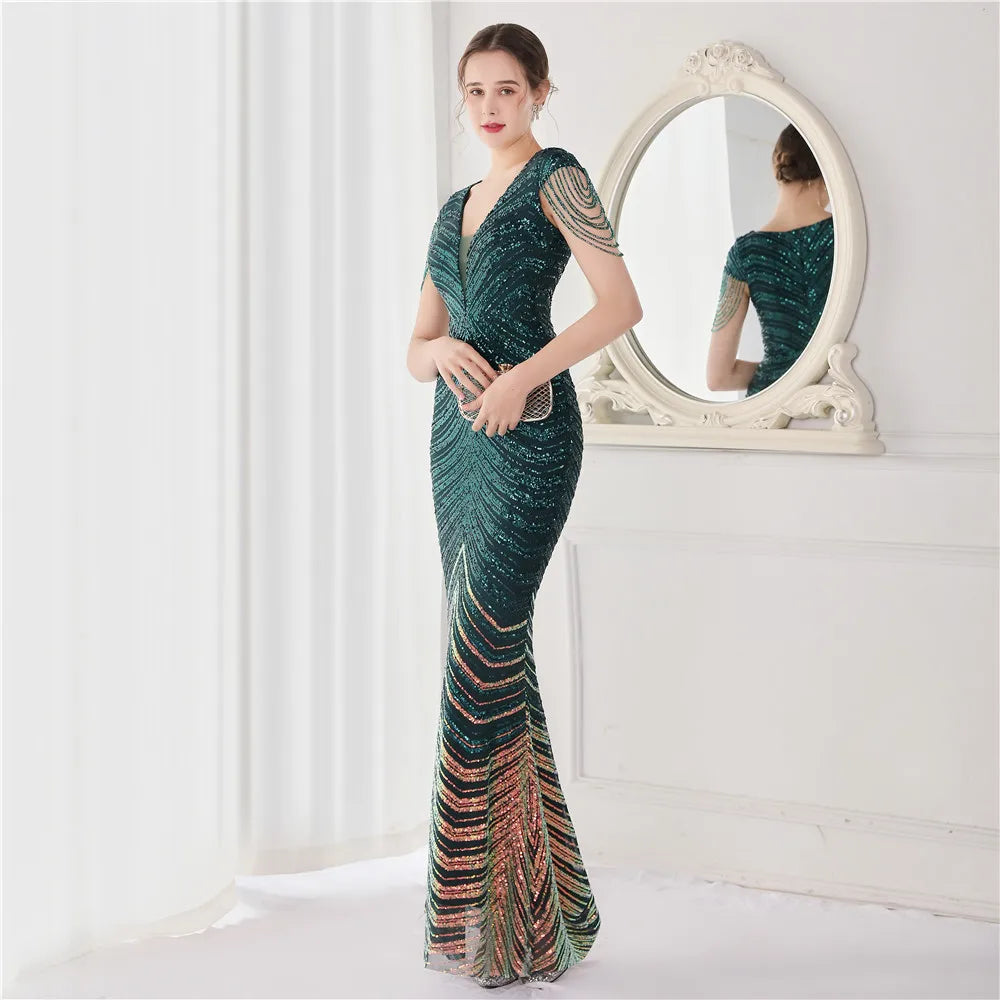 Elegant V Neck Mermaid Evening Dress Long Luxury Beads Women Evening Party Dresses 2025 New Formal Dress 19085
