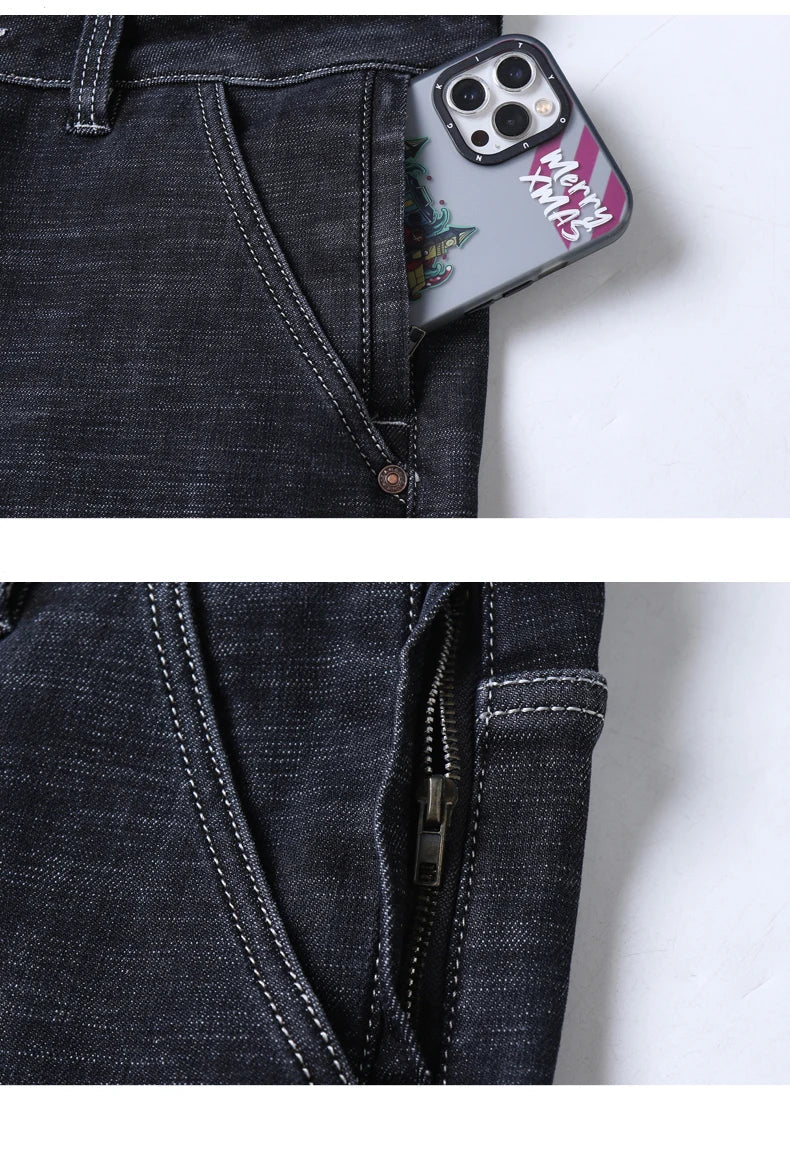 2024 New Men's Clothing Casual Jeans Winter New Fleece Pants Thick Warm Fashion Straight Fit Male Denim Trousers