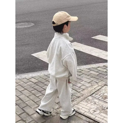 Boy White Grey Stand Collar Letter Sets Loose Casual Cotton Sports Suit Spring Autumn Children's Fashion Tops+Pants 2pcs 1-5 Yrs