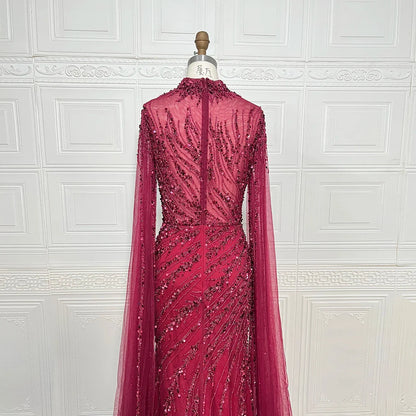 Luxury Saudi Arabia Mermaid Beaded Cape Sleeves High-Neck Evening Dresses 2025 Dubai Party Gowns for Women Wedding Customized