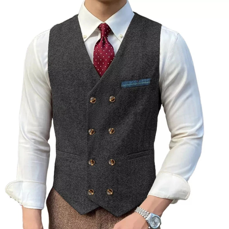 Men Vest Brown Solid Double ButtonTweed Slim Casual Business Waistcoat Jacket For Wedding Party Banquet Prom Set