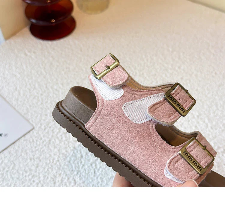 Kids Suede Strappy Sandals for Boys Girls 2025 Summer Toddler Beach Barefoot Shoes Non-slip Versatile Comfort Casual Sandals Ins