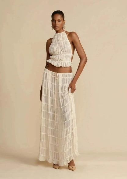 Fashion Halter Neck Long Skirt Suit Women Backless Sling Top Lace Up Fold Maxi Skirts New Summer Female 2 Piece Set Outfits
