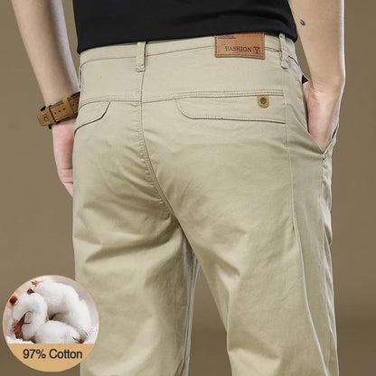 97% Cotton Cargo Style Casual Pants Men's Splicing Straight Fashion Elastic Business Trousers Spring Autumn Male Clothes Pants