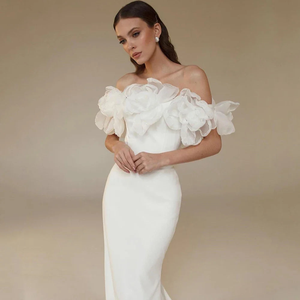 Modern 3D Flower Mermaid Wedding Dress Off the Shoulder Short Sleeve Bride Sexy Open Back with Sweep Train Gowns Customized