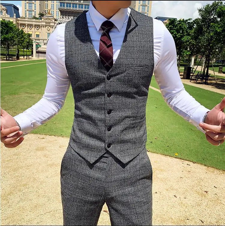 Coffee Brown Men Striped Plaid 3-Piece, Dark Blue Wedding Party Slim Fit Blazers Jacket and Vest with Pants, Asian Size M-5XL