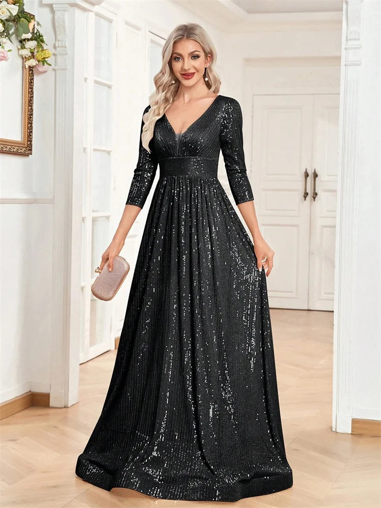 Luxury V Neck Long Sleeves Blue Sequins Formal Evening Dress Women 2025 Wedding Party Prom Maxi Cocktail Dress Gowns