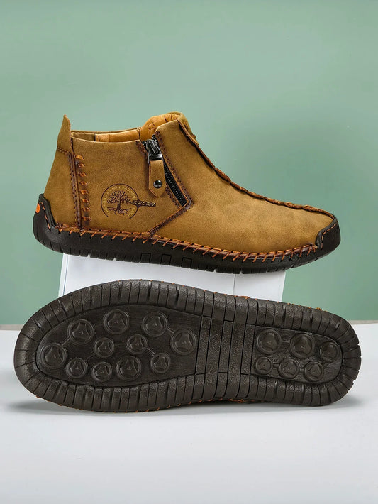 New Classic Handmade Leather Men Shoes Zipper Design Outdoor Sneakers Slip On Breathable Casual Shoes Leather Men Ankle Boots