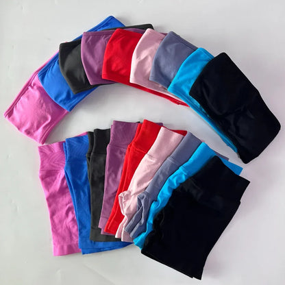 No Logo Women 2 Pieces Yoga Set Backless Bandeau Sports Bra Scrunch Shorts Yoga Clothing Gym Set Workout Clothes Outfits Sets