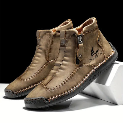 Men's Hand-Sewn High-Top Boots, Fashionable Side-Zip Casual Shoes, All-Season Outdoor Boots, Large Size Men's Shoes, Comfortable Bare Boots