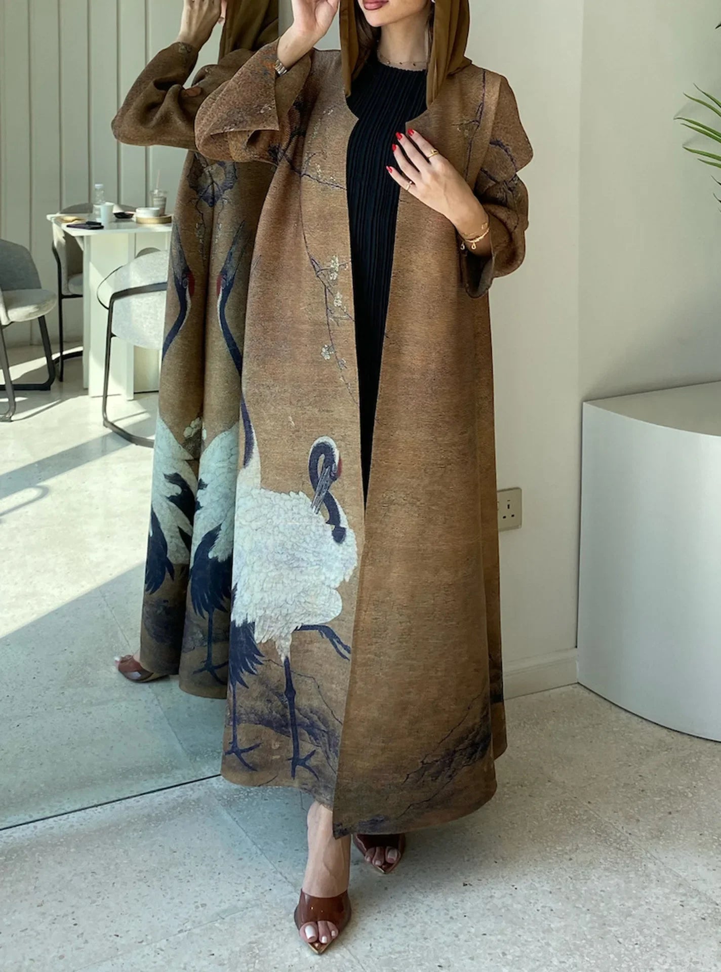 Women's Fold Miyake Pleated Abaya Long Sleeve Print Foldable Collar Robe Cardigan Coat New Winter Fashion Original Design 2026