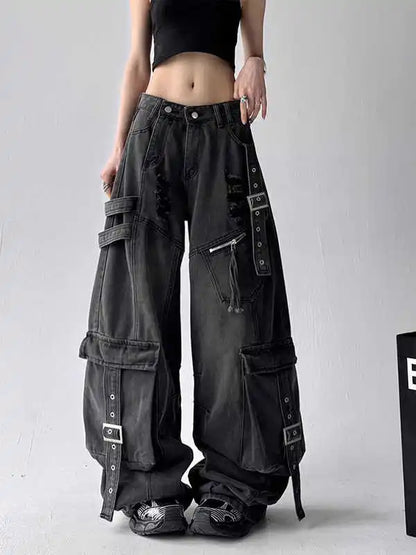 Black Jeans Women American Style Y2K 90S Vintage High Waisted Jean Straight Trouser Streetwear Casual Loose Wide Leg Denim Pants