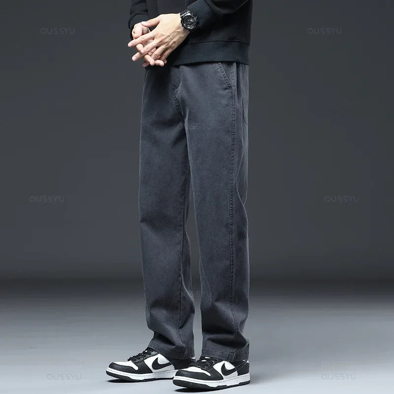 2025 New High Quality Soft Lyocell Fabric Jeans Men Elastic Waist Loose Straight Four Seasons Denim Trousers Male Plus Size 5XL