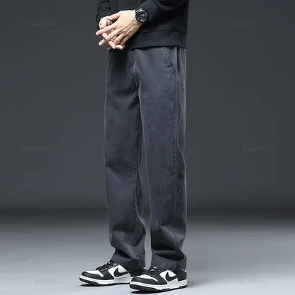 2025 New High Quality Soft Lyocell Fabric Jeans Men Elastic Waist Loose Straight Four Seasons Denim Trousers Male Plus Size 5XL