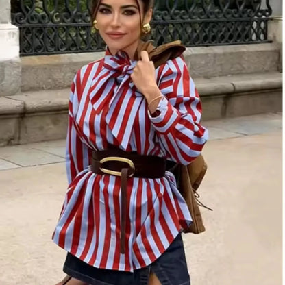 2026 New Women's Striped Shirt With Bow Tie Long Sleeve Loose Casual Blouse Female Fashion Tops