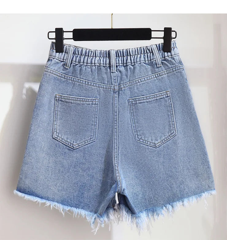 Summer High-waisted Denim Shorts Women Fur-trimmed Zipper Pocket 7XL Jeans Casual Fashion Loose Patchwork Short Pants