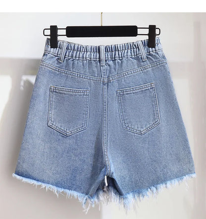 Summer High-waisted Denim Shorts Women Fur-trimmed Zipper Pocket 7XL Jeans Casual Fashion Loose Patchwork Short Pants